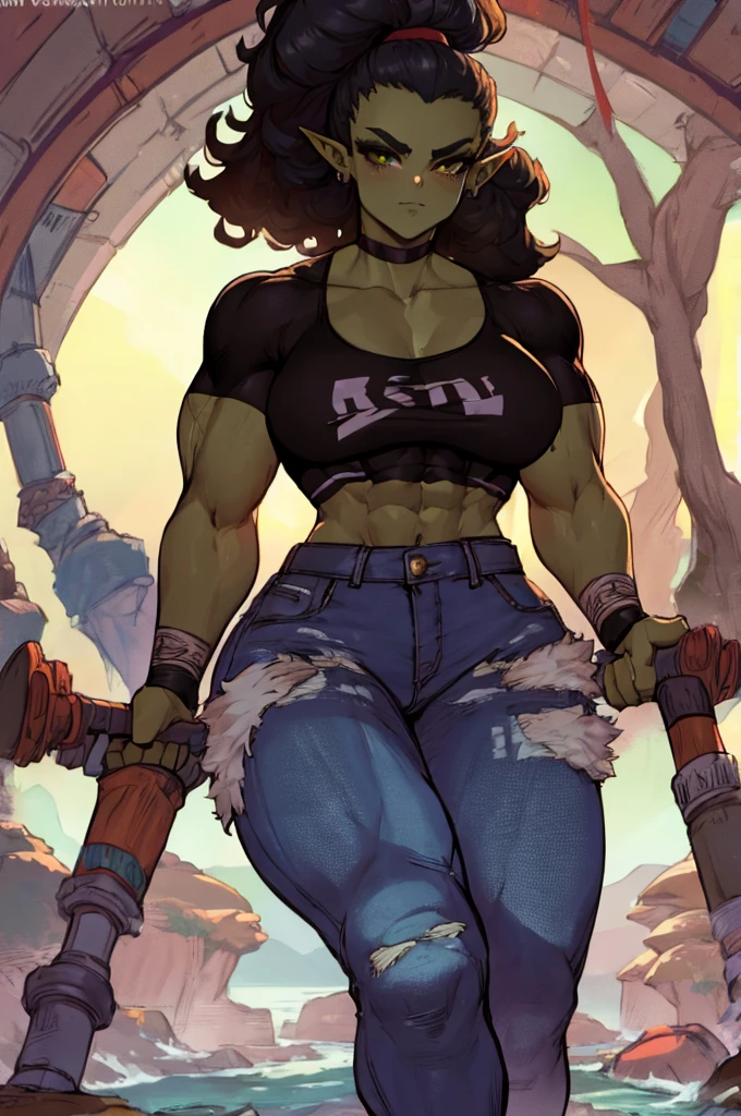 Female orc, hot sexy muscle girl with green skin, choker, t-shirt, muscle athletic sexy female body, blue jeans