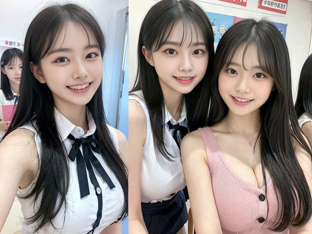 (Super cute Korean high school girls duo taking photos side by side 1.2)(grin,Smile)(Beautiful Sweat:1.1)(16k, RAW Photos, Highest quality, masterpiece: 1.2),(Shiny black hair) Super detailed, Super Resolution, (Genuine, Genuine photos: 1.37), Portraiture, High-resolution RAW color photos, Professional photos, Very detailed, 8k wallpaper, Very detailed CG Unity 8k wallpaper, Very detailed beautiful girls, Very detailed faces, ((whole body)), beautiful woman, Huge breasts,(huge boobs:1.1) (Big Boobs:1.1), Beauty college student (A tight, girly, pale pink sleeveless top with a ribbon.),high School girl, Korean Girls,(K-POP Female Idols), (Idol-class beauty)(Beautiful high school girl:1.1)(School)(18-year-old)(Stylish school uniform-style outfit:1.1)(Group photo:1.3)