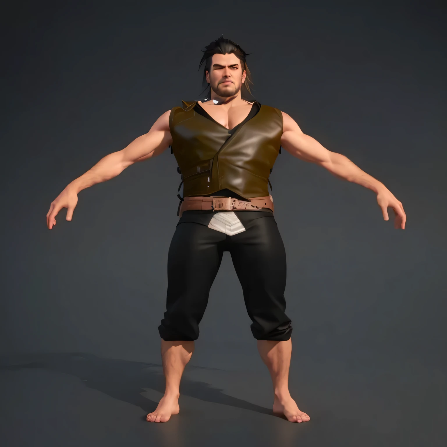 a 3d rendering of a man in a leather vest and black pants, male character, small character. unreal engine 5, highly detailed character, 3 d character, 3d character, 3d character realistic, 3 d character render, character posing, stylized character, realistically rendered clothing, character model, full body character, cinematic full character, character posing for concept art
