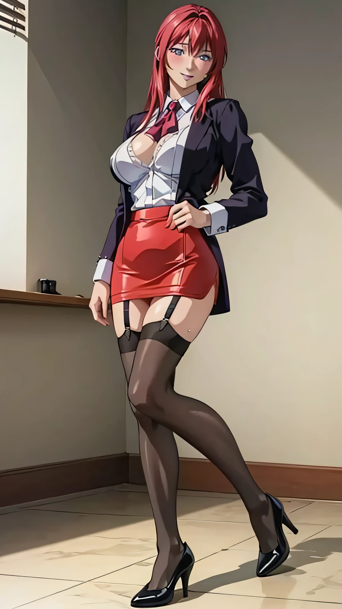 (Highest quality, Super detailed, Anime Images, Game CG, art CG, Realistic, Cinema Lighting, Perfect Shadow, Realistic lighting shades, unity 8k wallpaper),staff room,Hiroko Takashiro,Redhead,Large Breasts,Long Hair,(Purple eyes), Earrings, shirt, Jacket, Black knee socks, (Purple garter belt:1.1), zettai ryouiki, Pencil Skirt, , High heels,Perfect Eyes, Perfect Face,Intense masturbation, blush, Embarrassing, smile,The whole body is sweating,Big Breasts,Ahegao,