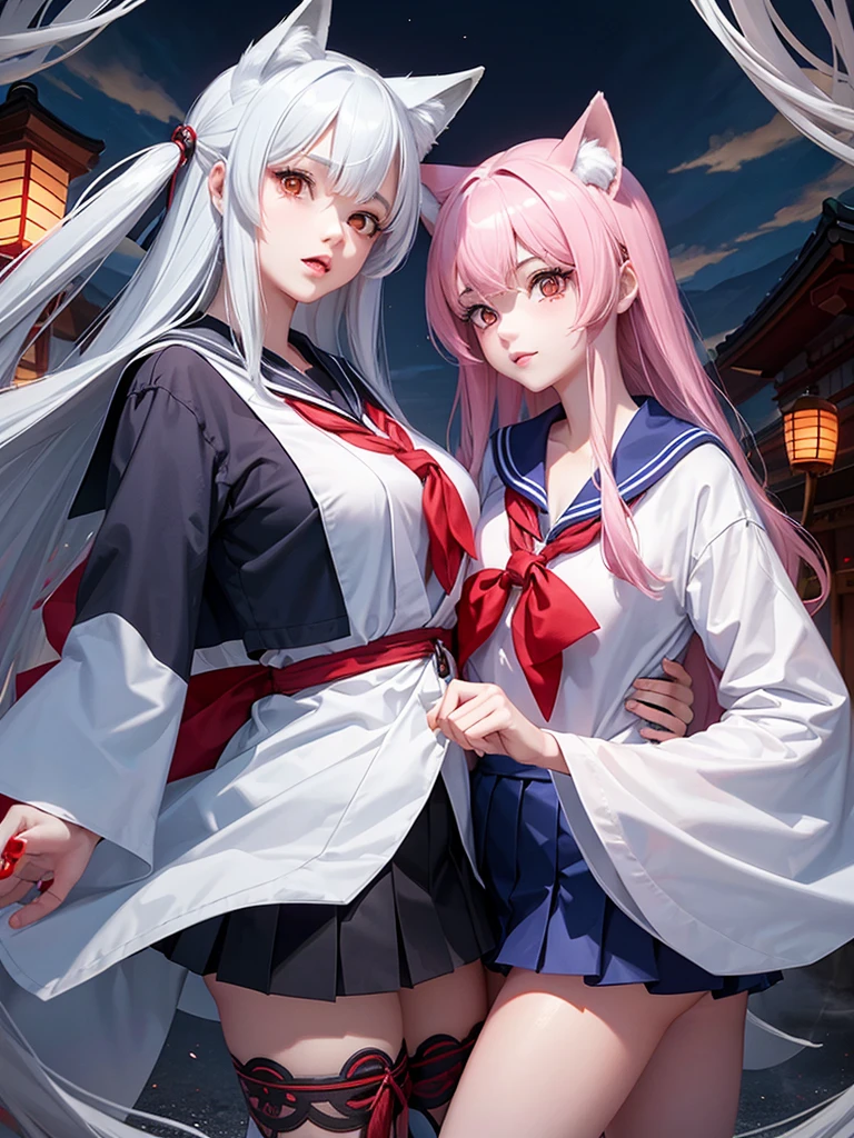 Two girls. One is wearing a Japanese-style fox mask. The other is wearing a Japanese-style demon mask. One is wearing a sailor uniform. A slightly horror-like illustration. A teasing composition. Illustration from the knees up.