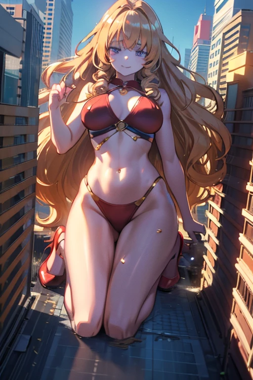 Giant Girl 50,000 feet high,Have a pair of long legs,Have a pair of huge breasts,Wearing a red bikini,Wear a pair of Mary Janes,Blonde curly hair,full of enjoyment,wariza in a crowded city, vandalism,It seems to be an invincible existence,Beautiful appearance,Exquisite makeup,quality,8K,High quality,(Governor:1.5),Perfect proportion, theater lighting,Film Grain,Fuji Colors,8K,Textured Skin,Super Detail,High Detail,high quality,high resolution,Fake laugh,morning,perfect body,full body image