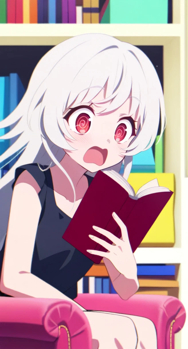 Teenage girl, Long white hair, bright red eyes, in the left eye there is a pupil in the form of a sprial, with the book, on the couch, surprised