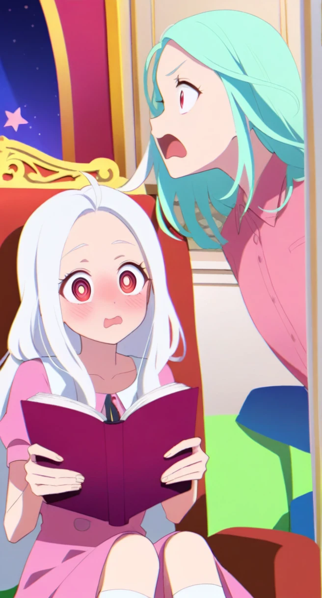 Teenage girl, Long white hair, bright red eyes, in the left eye there is a pupil in the form of a sprial, with the book, on the couch, surprised