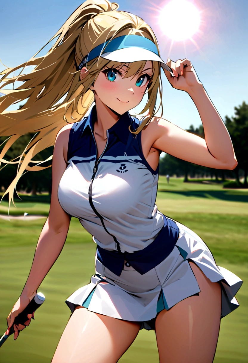 sound high resolution 8k beauty Woman playing golf Golf course Beautiful woman Blonde aggressive Winning spirit Namaiki Golf Wear mini skirt smile looking at the camera nice shot No sleeve Sun visor long hair Professional Golfer