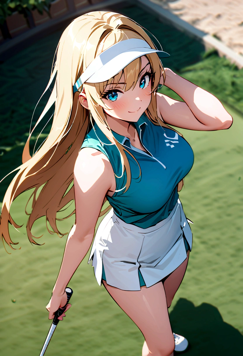 sound　high resolution　8k beauty　Woman playing golf　Golf course　Beautiful woman　Blonde　aggressive　Winning spirit　Namaiki　Golf Wear　mini skirt　smile　　looking at the camera　nice shot　No sleeve　Sun visor　long hair　Professional Golfer