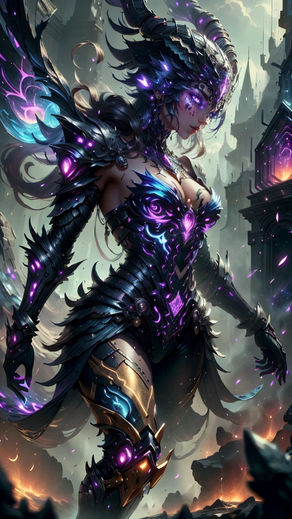A woman adorned in fantasy-style full-body armor, a crown-concept fully enclosed helmet that unveils only her eyes, a composite layered chest plate, fully encompassing shoulder and hand guards, a lightweight waist armor, form-fitting shin guards, the overall design is heavy-duty yet flexible, (the armor gleams with a golden glow, complemented by red and blue accents), exhibiting a noble aura, she floats above a fantasy-surreal high-tech city, this character embodies a finely crafted fantasy-surreal style armored hero in anime style, exquisite and mature manga art style, (mixture of Queen bee and Spider concept Armor, plasma), ((Element, elegant, goddess, femminine:1.5)), metallic, high definition, best quality, highres, ultra-detailed, ultra-fine painting, extremely delicate, professional, anatomically correct, symmetrical face, extremely detailed eyes and face, high quality eyes, creativity, RAW photo, UHD, 32k, Natural light, cinematic lighting, masterpiece-anatomy-perfect, masterpiece:1.5