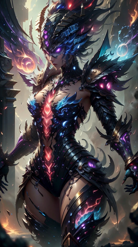A woman adorned in fantasy-style full-body armor, a crown-concept fully enclosed helmet that unveils only her eyes, a composite layered chest plate, fully encompassing shoulder and hand guards, a lightweight waist armor, form-fitting shin guards, the overall design is heavy-duty yet flexible, (the armor gleams with a golden glow, complemented by red and blue accents), exhibiting a noble aura, she floats above a fantasy-surreal high-tech city, this character embodies a finely crafted fantasy-surreal style armored hero in anime style, exquisite and mature manga art style, (mixture of Queen bee and Spider concept Armor, plasma), ((Element, elegant, goddess, femminine:1.5)), metallic, high definition, best quality, highres, ultra-detailed, ultra-fine painting, extremely delicate, professional, anatomically correct, symmetrical face, extremely detailed eyes and face, high quality eyes, creativity, RAW photo, UHD, 32k, Natural light, cinematic lighting, masterpiece-anatomy-perfect, masterpiece:1.5