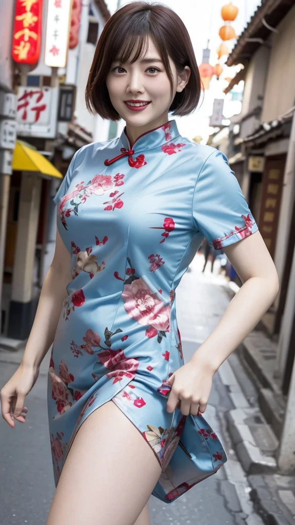 Japanese women、One person、Living in 昔のChinatown、Slightly chubby、Chinese style hair、Laughing with your mouth open、Red lipstick、Short sleeve blue cheongsam、Sexy pose、Very short、Old town、Chinatown at night、The lighting is bright、