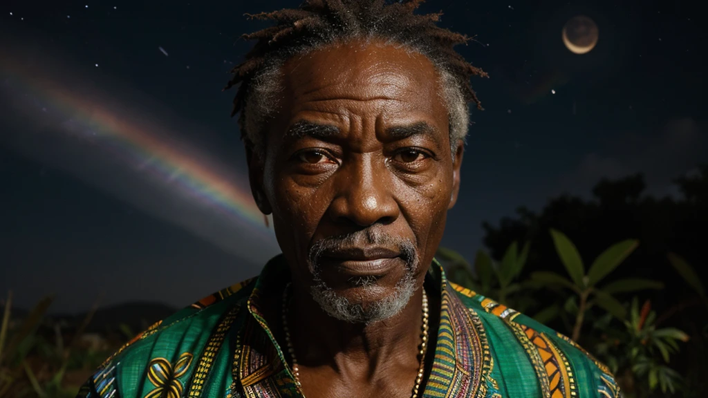 an elderly, african sage under a night sky, his face highlighted with translucent rainbow hues, telling stories of the past and future, intertwining fate with diversity, handsome face, ultra high definition, super detail, fierce, aggressive, authoritative aura, subtle anger