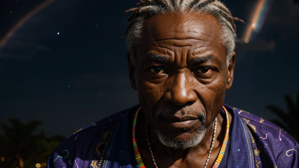 an elderly, african sage under a night sky, his face highlighted with translucent rainbow hues, telling stories of the past and future, intertwining fate with diversity, handsome face, ultra high definition, super detail, fierce, aggressive, authoritative aura, subtle anger
