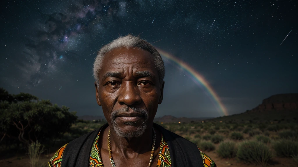 an elderly, african sage under a night sky, his face highlighted with translucent rainbow hues, telling stories of the past and future, intertwining fate with diversity, handsome face, ultra high definition, super detail, fierce, aggressive, authoritative aura, subtle anger
