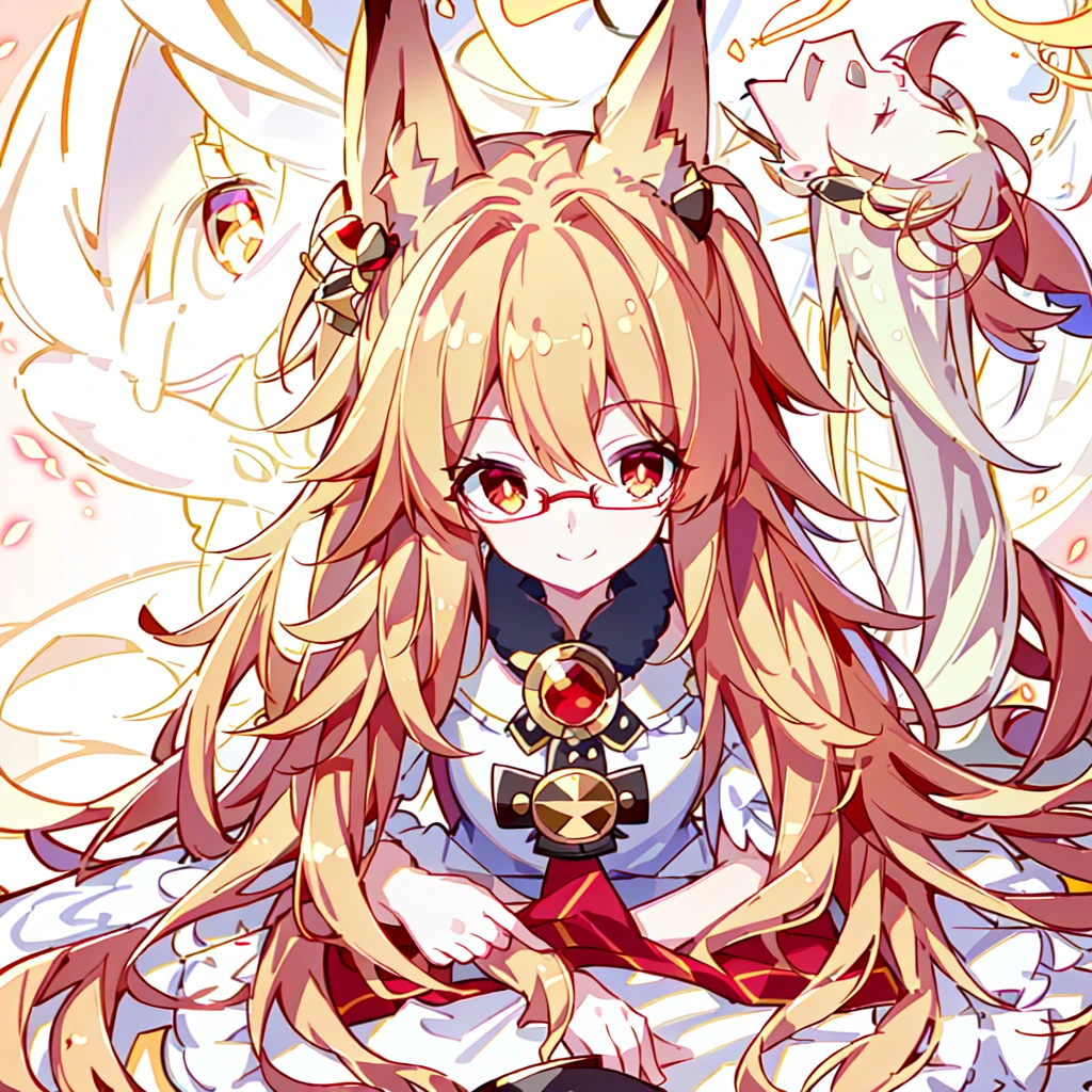 ((Best quality)), ((masterpiece)), (detailed), best quality,8k,original photo,Red Fox Maiden,touch fox,Castle Background, Liveliness. Carefree happy joy bokeh background. Quiet aesthetics. Soft lighting. Artistic Lighting. Gold frame glasses
