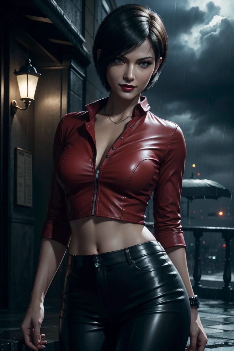 Resident Evil 6,Ada,Short Hair,Red Shirt,Stand up your collar,Black Leather Pants,Photorealistic,Ultra HD,high quality,masterpiece,Digital SLR,Detailed details,Intricate details,Anatomical basis,Depicted in detail,A detailed face,Realistic skin texture,Vivid details,Perfect Anatomy,Perfect Anatomy,Anatomically correct hand,Anatomically correct fingers,Super Detail,Complex 3D rendering,Sexy pose,Rainy Sky,Beautiful scenery,Fantastic rainy sky,Picturesque,Red Lip,smile,