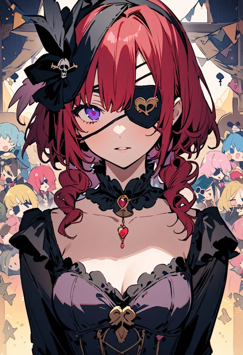 masterpiece, Highest quality, Illustration of the novel, High resolution, 18+ Adult content, Sensual, Intimate, Emotional, Passionate, romantic, sweet, Adorable, Innocent, Pure, charmな, charmな, charm, mysterious, charmな, charmな, Immersive, charmな, dream-like, Surreal, Imaginative, Whimsical, Artistic, Avant-garde, timeless, elegant, Sophisticated, chic, Sophisticated, Personality, original, charmな,((Change the pirate:1.3)),((Eye patch:1.3))、((Upper Body:1.3))