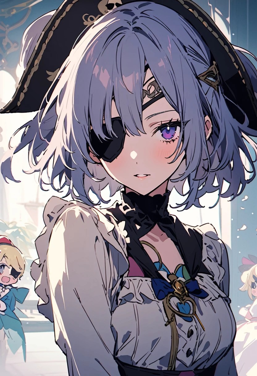 masterpiece, Highest quality, Illustration of the novel, High resolution, 18+ Adult content, Sensual, Intimate, Emotional, Passionate, romantic, sweet, Adorable, Innocent, Pure, charmな, charmな, charm, mysterious, charmな, charmな, Immersive, charmな, dream-like, Surreal, Imaginative, Whimsical, Artistic, Avant-garde, timeless, elegant, Sophisticated, chic, Sophisticated, Personality, original, charmな,((Change the pirate:1.3)),((Eye patch:1.3))、((Upper Body:1.3))