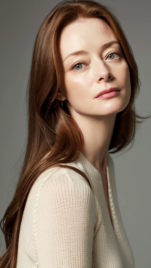 Plano americano, RAW, una mujer,37 years old , Photo studio,( SFW),[ gran detalle: ( ojos :Miranda otto),( Eyelids : vesper lynd),(between eyebrows:vesper lynd),(cejas : Vesper lynd),(frente: vesper lynd),(nariz:Miranda Otto),(boca: Miranda Otto),(jawline: Miranda Otto), ( jaw angle: Vesper lynd) ,( pechos: Vesper lynd)] looking to the camera, wears V-Neck Ribbed Knit Sweater,unisex thermal ski pants