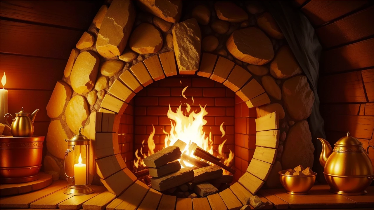 lareira with a fire in it and a lot of pots and pots, lareira rugindo, warm lareira, cosy lareira, lareira, fogo crepitante, irori lareira, arte de fundo, lareira lighting, papel de parede aconchegante, stylized digital illustration, fundo de fogueira, in fantasy tavern near lareira, traditional lareira, fogo brilhante, Arte detalhada de alta qualidade 8k, Detalhe 4k