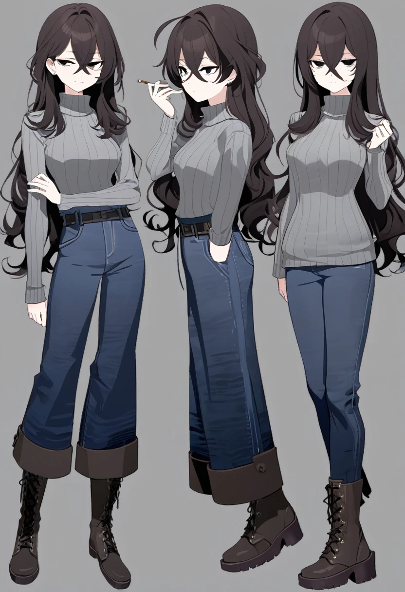 One Woman,Downer,older sister,Concept Art,Dark brown hair,Straight hair with slight inward curls,Staring eyes,Eye Ridge,black eye,Crossed bangs,whole body,smile,Slightly larger breasts,Gray background,Bangs that reach down to the eyes,Messy hair,Tight dark jeans,Gray turtleneck sweater,Multiple views of the same character,Character Design,Dark circles under the eyes,Bad look,Listless,Sloppy,Silver Jewelry,Cafe staff,Holding a cigarette,whole bodyCharacter Design,Detailed hands,Height: 170cm,boots,fleshy,