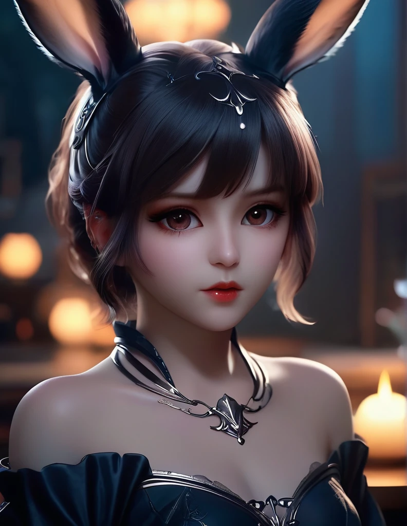 quality(8k wallpaper of extremely detailed CG unit, masterpiece, hight resolution, top-quality, top-quality real texture skin,hyper realisitic, digitial painting,increase the resolution,RAW photos,best qualtiy,highly detailed,the wallpaper),BREAK,8K, Chibi, rabbit ears, (highest quality, Tabletop:1.2, 超A high resolution, Realistic:1.5), RAW Photos, One Girl, Off the shoulder, In the Dark, Deep Shadow, Low light, Cool Tones, Captivating Gaze, short hair, Foggy atmosphere, Mysterious atmosphere, Subtle highlights, Dramatic contrast, Graceful pose, Intense emotions, Heavenly beauty, enchanting darkness, Captivating Expressions