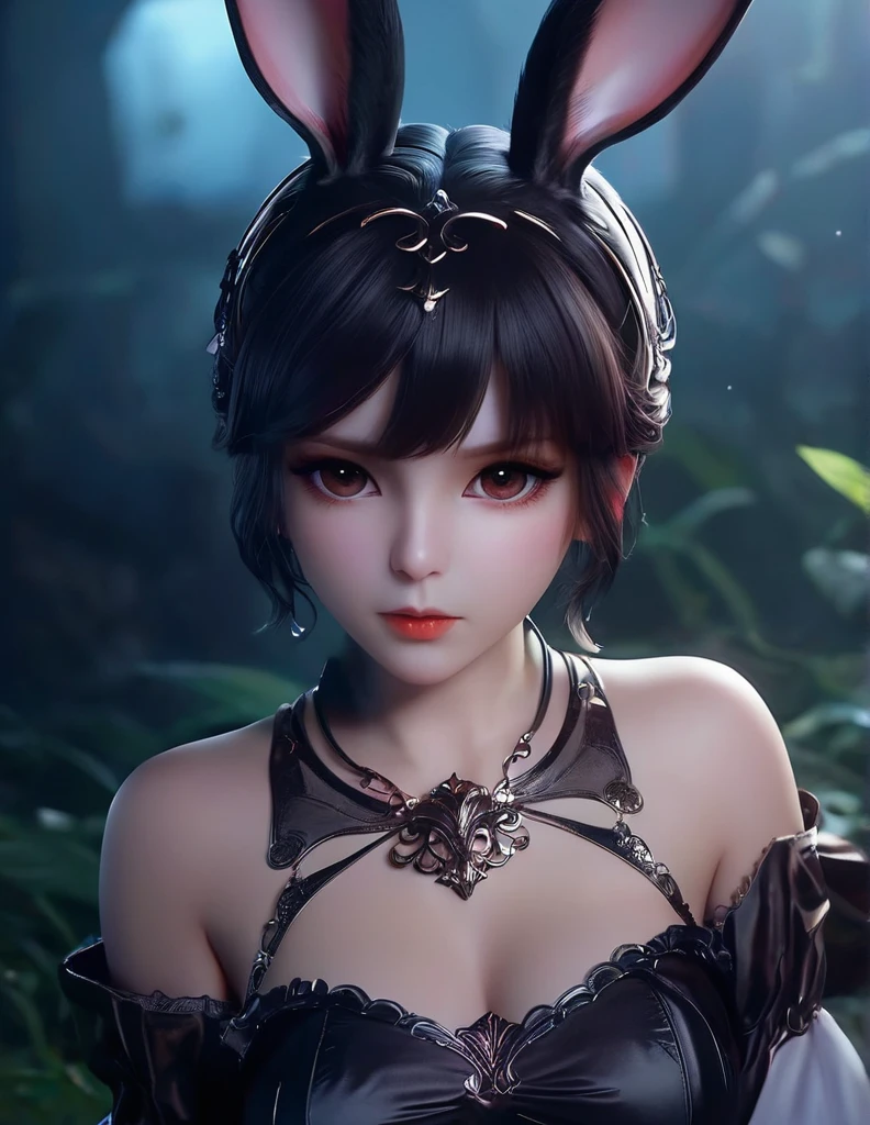 quality(8k wallpaper of extremely detailed CG unit, ​masterpiece, hight resolution, top-quality, top-quality real texture skin,hyper realisitic, digitial painting,increase the resolution,RAW photos，best qualtiy,highly detailed,the wallpaper),BREAK,8K, Chibi, rabbit ears, (highest quality, Tabletop:1.2, 超A high resolution, Realistic:1.5), RAW Photos, One Girl, Off the shoulder, In the Dark, Deep Shadow, Low light, Cool Tones, Captivating Gaze, short hair, Foggy atmosphere, Mysterious atmosphere, Subtle highlights, Dramatic contrast, Graceful pose, Intense emotions, Heavenly beauty, enchanting darkness, Captivating Expressions 