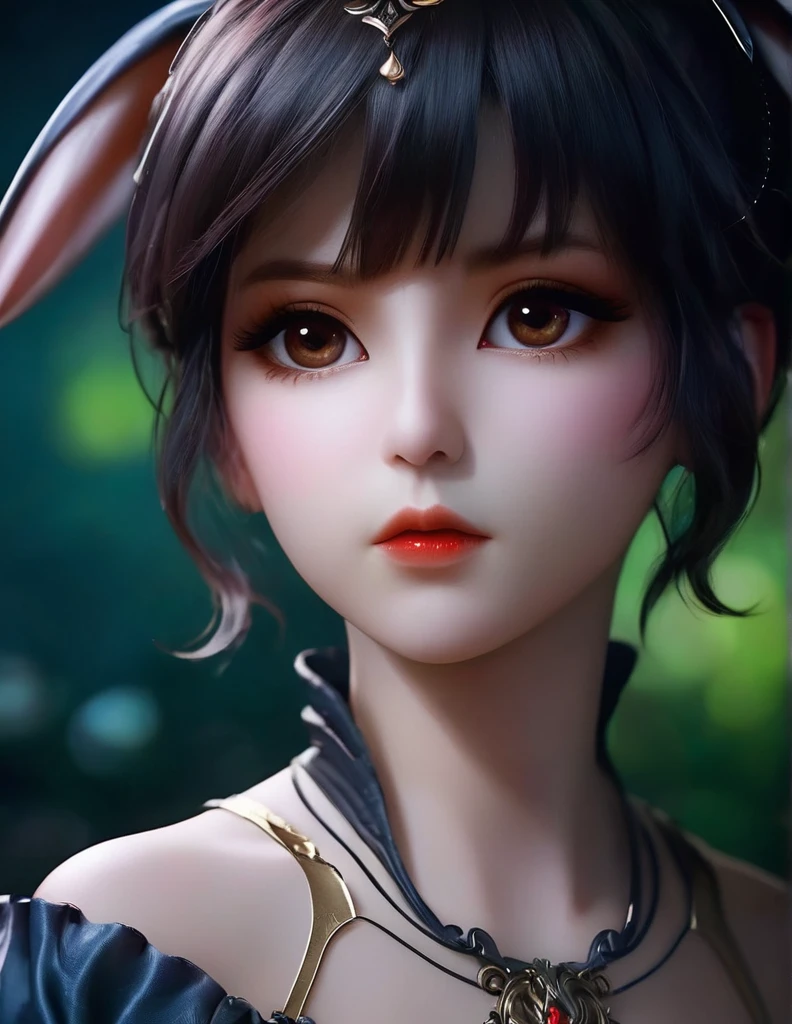 quality(8k wallpaper of extremely detailed CG unit, masterpiece, hight resolution, top-quality, top-quality real texture skin,hyper realisitic, digitial painting,increase the resolution,RAW photos,best qualtiy,highly detailed,the wallpaper),BREAK,8K, Chibi, rabbit ears, (highest quality, Tabletop:1.2, 超A high resolution, Realistic:1.5), RAW Photos, One Girl, Off the shoulder, In the Dark, Deep Shadow, Low light, Cool Tones, Captivating Gaze, short hair, Foggy atmosphere, Mysterious atmosphere, Subtle highlights, Dramatic contrast, Graceful pose, Intense emotions, Heavenly beauty, enchanting darkness, Captivating Expressions