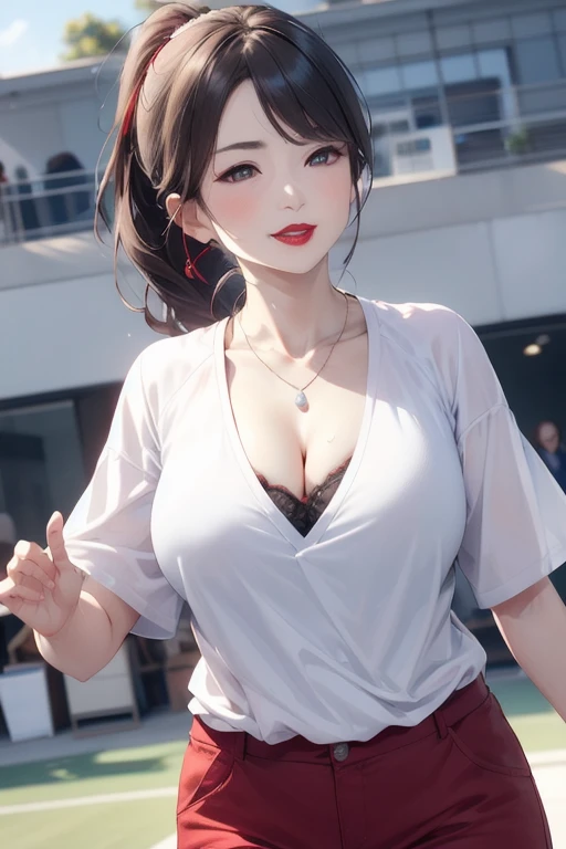 8k, 55 year old mature Japanese woman, Beautiful mature woman, Long eyelashes, Fine lines, Low Ponytail, Red lipstick, Tennis Wear, Saggy breasts, Cleavage, Pearl Necklace, Red lipstick, Have