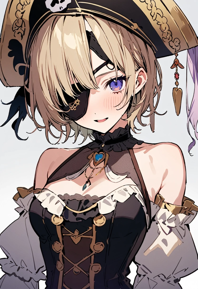 masterpiece, Highest quality, Illustration of the novel, High resolution, 18+ Adult content, Sensual, Intimate, Emotional, Passionate, romantic, sweet, Adorable, Innocent, Pure, charmな, charmな, charm, mysterious, charmな, charmな, Immersive, charmな, dream-like, Surreal, Imaginative, Whimsical, Artistic, Avant-garde, timeless, elegant, Sophisticated, chic, Sophisticated, Personality, original, charmな,((Change the pirate:1.3)),((Eye patch:1.3))、((Upper Body:1.3))