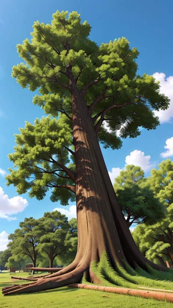 tree fallen to the ground, sunny sky