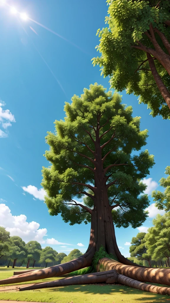 tree fallen to the ground, sunny sky