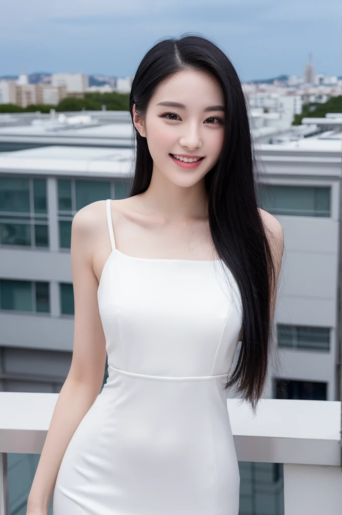 a beautiful 22-year-old girl, gray eyes, pale skin, slim figure, smiling, black hair, fashionable outfit, photo taken with an ultra-realistic professional camera, high-rise rooftop setting, detailed facial features, porcelain skin, elegant posture, dramatic lighting, cinematic composition, vibrant colors, photorealistic, 8k, best quality, masterpiece