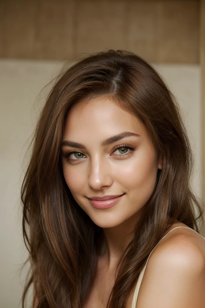 stunning woman with chestnut hair and natural green-brown eyes. She has a captivating gaze. Her medium-length hair is smooth, silky, and shiny. Her skin is flawless, yet retains a natural look. She has a beautiful smile, and her lips are full, but not too large.
