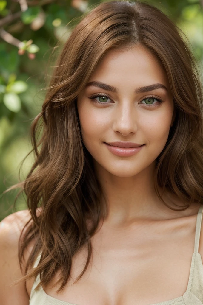 stunning woman with chestnut hair and natural green-brown eyes. She has a captivating gaze. Her medium-length hair is smooth, silky, and shiny. Her skin is flawless, yet retains a natural look. She has a beautiful smile, and her lips are full, but not too large.