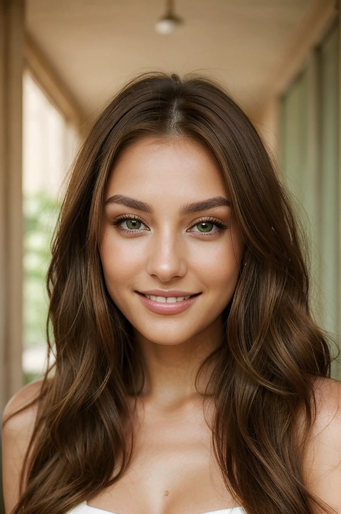 stunning woman with chestnut hair and natural green-brown eyes. She has a captivating gaze. Her medium-length hair is smooth, silky, and shiny. Her skin is flawless, yet retains a natural look. She has a beautiful smile, and her lips are full, but not too large.
