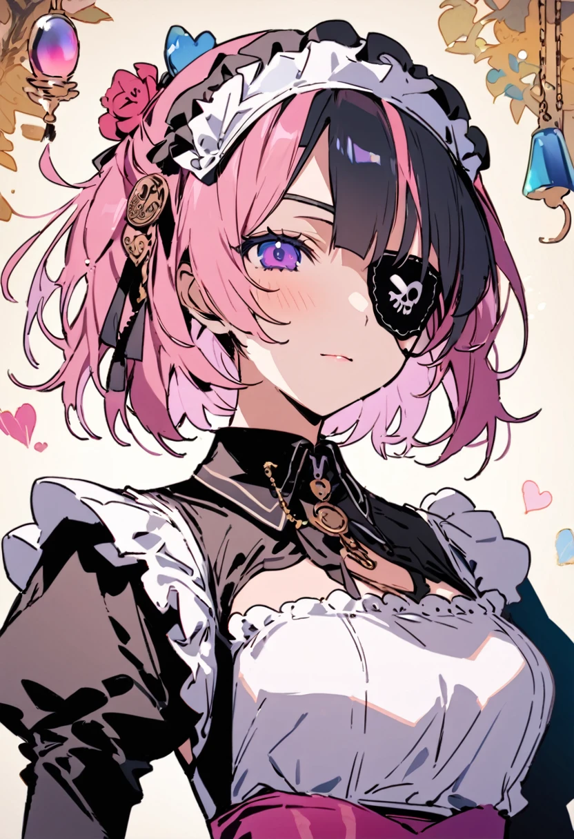 masterpiece, Highest quality, Illustration of the novel, High resolution, 18+ Adult content, Sensual, Intimate, Emotional, Passionate, romantic, sweet, Adorable, Innocent, Pure, Charmな, Charmな, Charm, mysterious, Charmな, Charmな, Immersive, Charmな, dream-like, Surreal, Imaginative, Whimsical, Artistic, Avant-garde, timeless, elegant, Sophisticated, chic, Sophisticated, personality, original, Charmな,((Maid clothes:1.3)),((Loli Pirate:1.3)),((Eye patch:1.3))、((Upper Body:1.3))