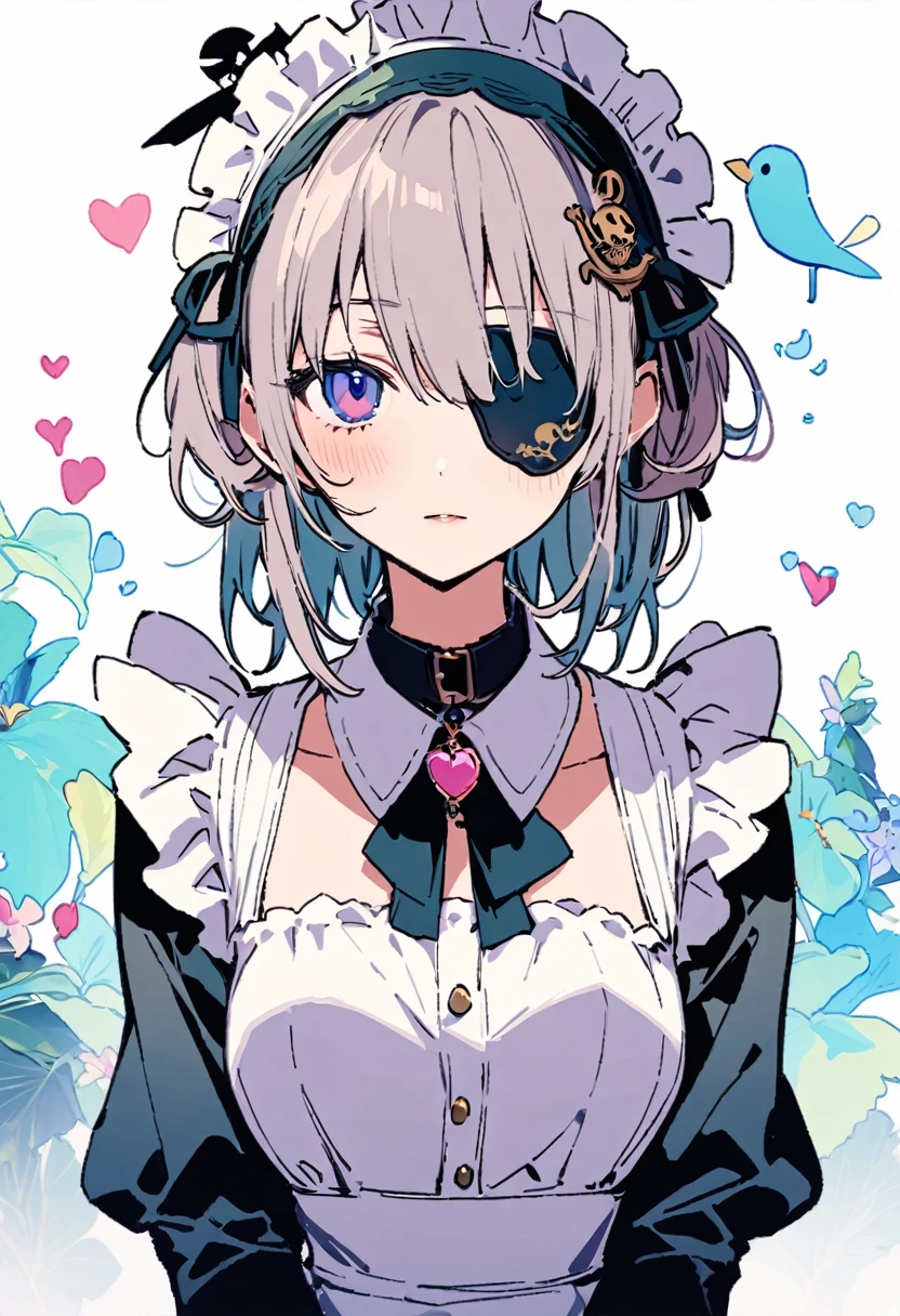 masterpiece, Highest quality, Illustration of the novel, High resolution, 18+ Adult content, Sensual, Intimate, Emotional, Passionate, romantic, sweet, Adorable, Innocent, Pure, Charmな, Charmな, Charm, mysterious, Charmな, Charmな, Immersive, Charmな, dream-like, Surreal, Imaginative, Whimsical, Artistic, Avant-garde, timeless, elegant, Sophisticated, chic, Sophisticated, personality, original, Charmな,((Maid clothes:1.3)),((Loli Pirate:1.3)),((Eye patch:1.3))、((Upper Body:1.3))