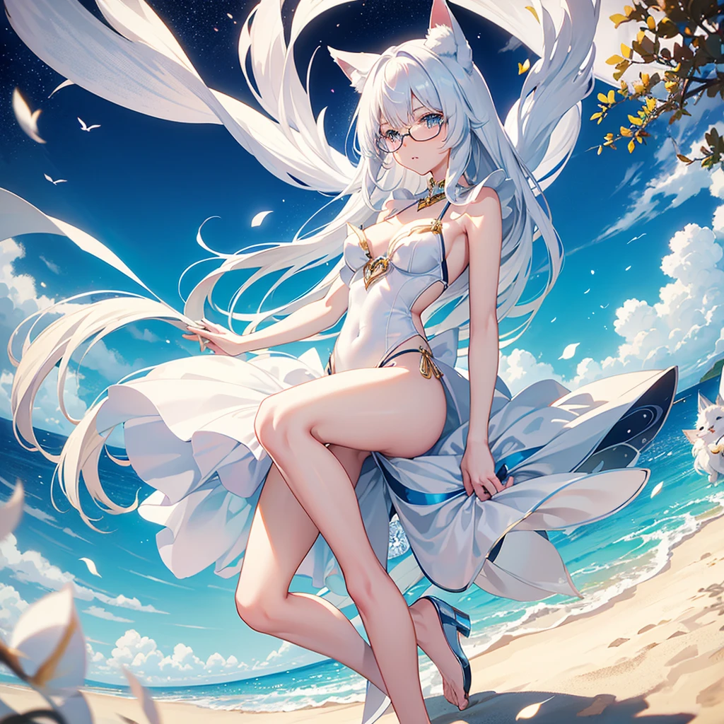 best quality, 8k, original photo, Ridiculous, Extremely detailed, Fox ears,baby face, No makeup, Provocative expressions,slim, Perfect proportion, White straight hair, (wind, wind-effect), blue eyes, Various visual styles for backgrounds,combines various artistic elements,like a sparkling iridescent rainbow,White Fox Girl,swimsuit,Gold frame glasses