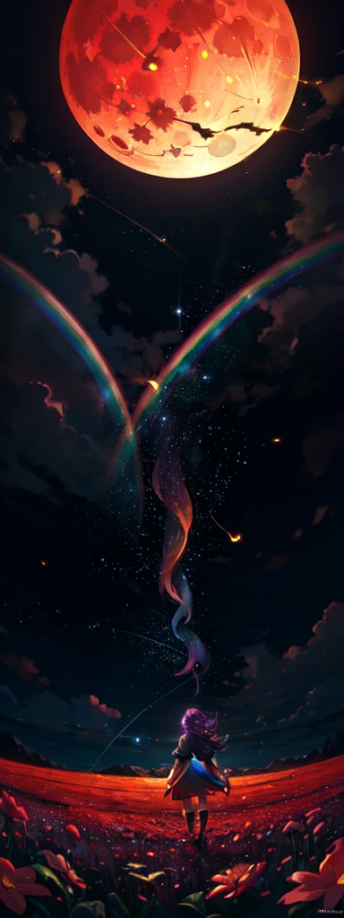 Vast landscape photo, (viewed from below, the sky is above and the open field is below), a girl standing on a flower field looking up, (full moon: 1.2), (meteor: 0.9), (nebula: 1.3), distant mountains , Trees BREAK Crafting Art, (Warm Light: 1.2), (Fireflies: 1.2), Lights, Lots of Purple and Orange, Intricate Details, Volumetric Lighting, Realism BREAK (Masterpiece: 1.2), (Best Quality), 4k, Ultra-Detailed, (Dynamic Composition: 1.4), Very Detailed, Colorful Details, (Rainbow Colors: 1.2), (Glow Lighting, Atmospheric Lighting), Dreamy, Magical, (Solo: 1.2)
