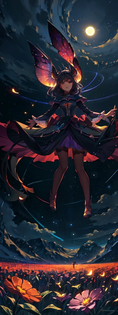 Vast landscape photo, (viewed from below, the sky is above and the open field is below), a girl standing on a flower field looking up, (full moon: 1.2), (meteor: 0.9), (nebula: 1.3), distant mountains , Trees BREAK Crafting Art, (Warm Light: 1.2), (Fireflies: 1.2), Lights, Lots of Purple and Orange, Intricate Details, Volumetric Lighting, Realism BREAK (Masterpiece: 1.2), (Best Quality), 4k, Ultra-Detailed, (Dynamic Composition: 1.4), Very Detailed, Colorful Details, (Rainbow Colors: 1.2), (Glow Lighting, Atmospheric Lighting), Dreamy, Magical, (Solo: 1.2)