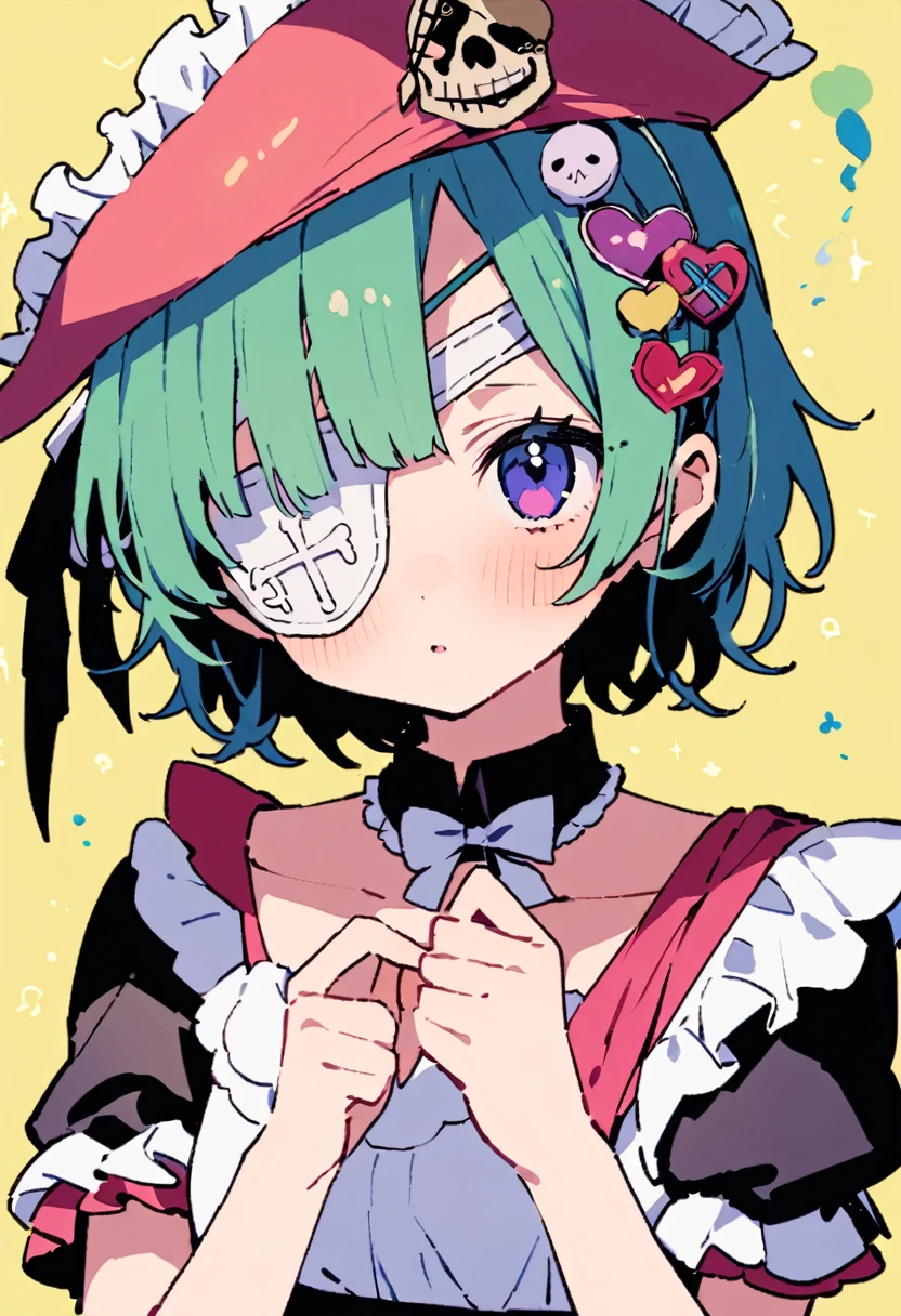 masterpiece, Highest quality, Illustration of the novel, High resolution, 18+ Adult content, Sensual, Intimate, Emotional, Passionate, romantic, sweet, Adorable, Innocent, Pure, Charmな, Charmな, Charm, mysterious, Charmな, Charmな, Immersive, Charmな, dream-like, Surreal, Imaginative, Whimsical, Artistic, Avant-garde, timeless, elegant, Sophisticated, chic, Sophisticated, personality, original, Charmな,((Maid clothes:1.3)),(( Pirate:1.3)),((Eye patch:1.3))、((Upper Body:1.3))