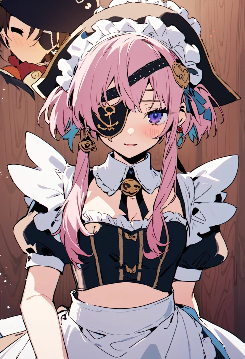 masterpiece, Highest quality, Illustration of the novel, High resolution, 18+ Adult content, Sensual, Intimate, Emotional, Passionate, romantic, sweet, Adorable, Innocent, Pure, Charmな, Charmな, Charm, mysterious, Charmな, Charmな, Immersive, Charmな, dream-like, Surreal, Imaginative, Whimsical, Artistic, Avant-garde, timeless, elegant, Sophisticated, chic, Sophisticated, personality, original, Charmな,((Maid clothes:1.3)),(( Pirate:1.3)),((Eye patch:1.3))、((Upper Body:1.3))