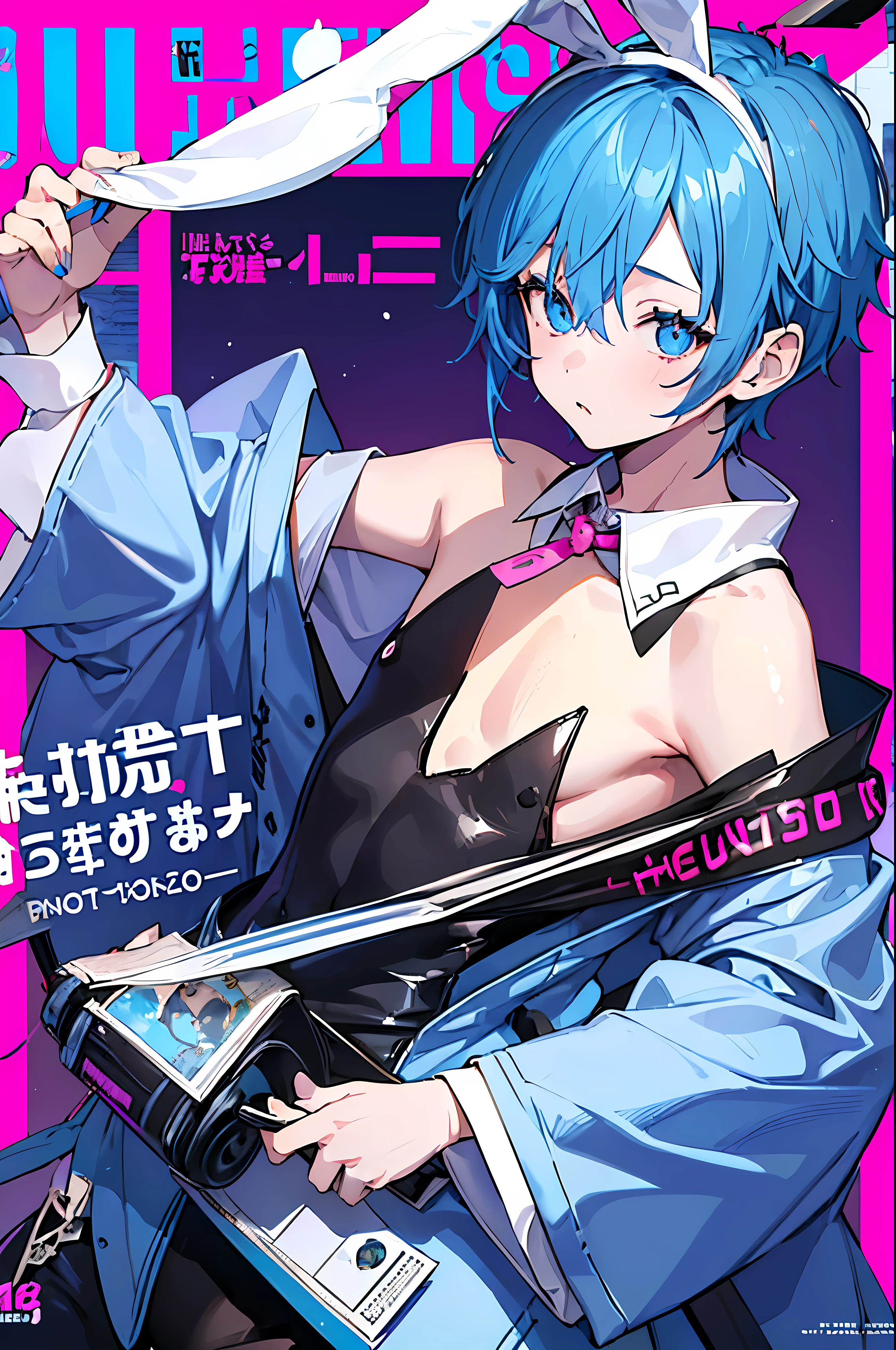 ((1boy)), hair ornament, blue hair, rabbit ears, playboy bunny, (Boy Messy Japanese Round Haircut for Thick Hair), bangs, leotard, blue eyes, detached collar, pink background, simple background, (solo)), (magazine:1.3), (cover-style:1.3), fashionable, (masterpiece, best quality, high quality, highres, ultra-detailed)