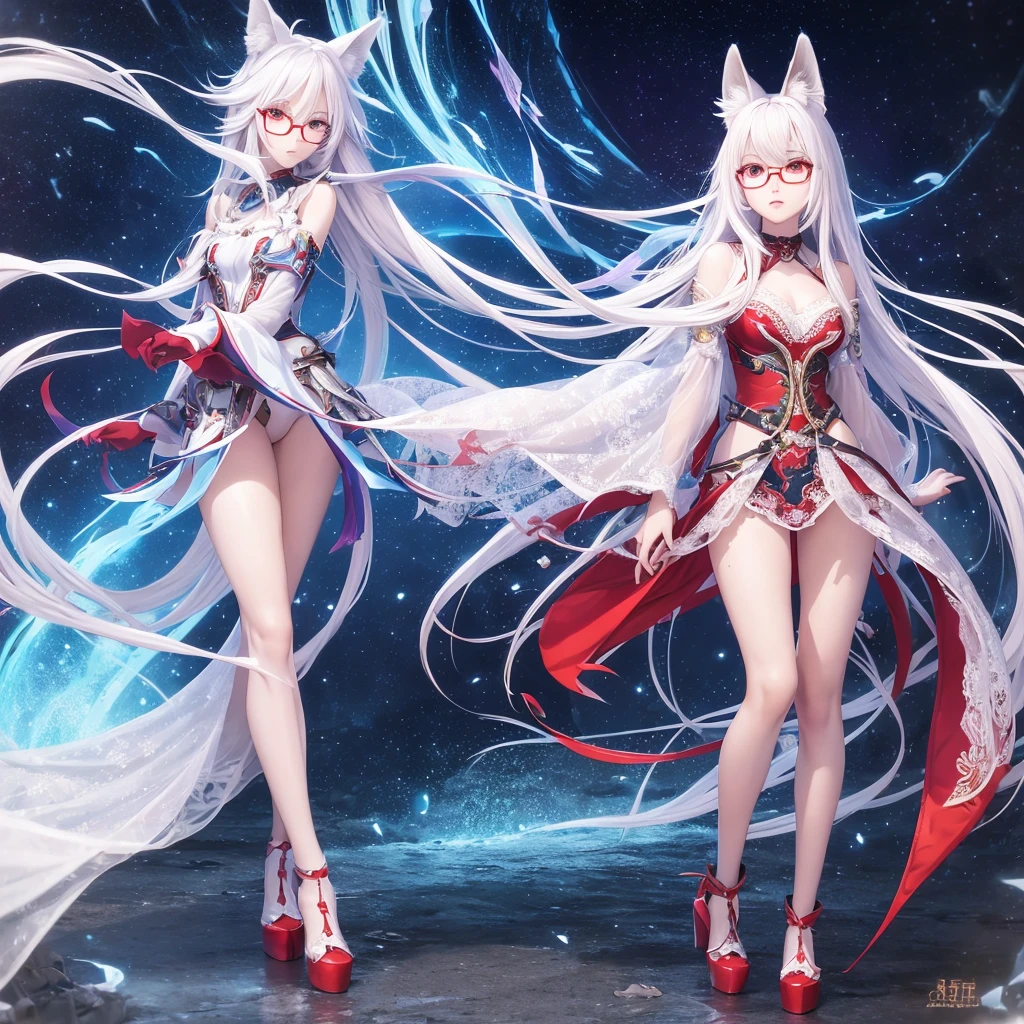 best quality, 8k, original photo, Ridiculous, Extremely detailed, Fox-eared maiden，baby face, No makeup,  expressions，slim, Perfect proportion, White straight hair, (wind, wind-effect), Red Eyes, Various visual styles for backgrounds，combines various artistic elements，like a sparkling iridescent rainbow，Fox tail，Lace dress，wearing glasses