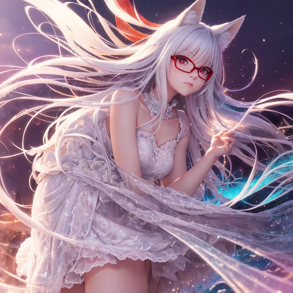 best quality, 8k, original photo, Ridiculous, Extremely detailed, Fox-eared maiden，baby face, No makeup, Provocative expressions，slim, Perfect proportion, White straight hair, (wind, wind-effect), Red Eyes, Various visual styles for backgrounds，combines various artistic elements，like a sparkling iridescent rainbow，Fox tail，Lace dress，wearing glasses