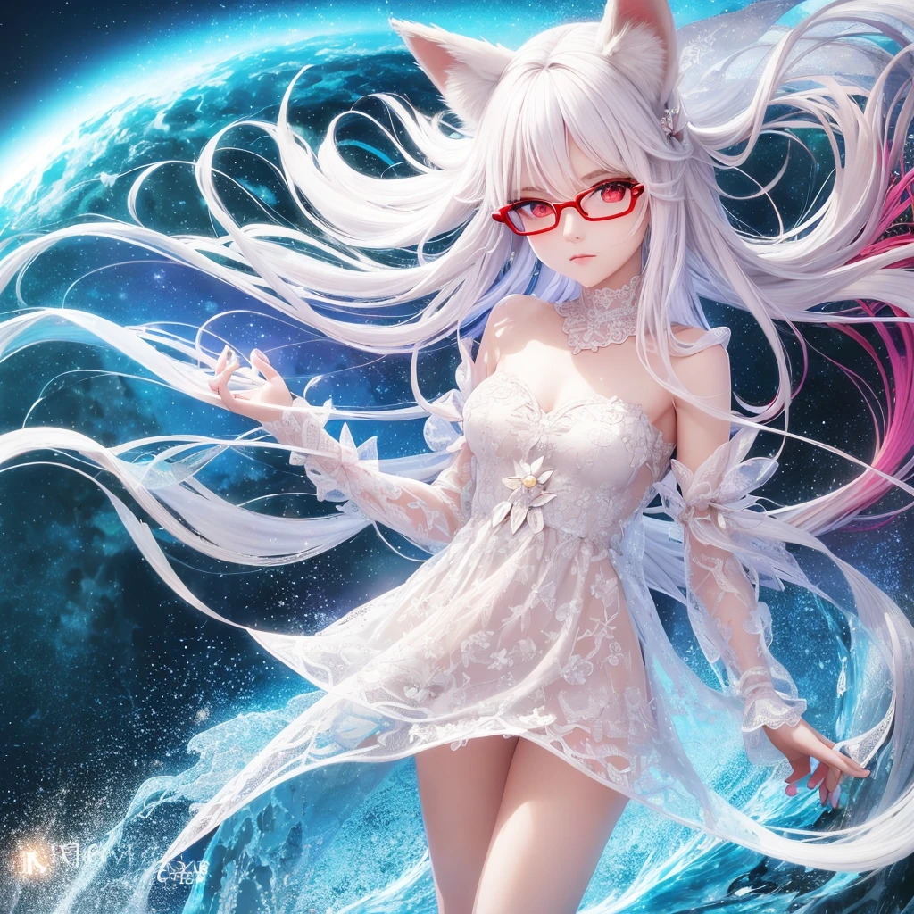 best quality, 8k, original photo, Ridiculous, Extremely detailed, Fox-eared maiden,baby face, No makeup, Provocative expressions,slim, Perfect proportion, White straight hair, (wind, wind-effect), Red Eyes, Various visual styles for backgrounds,combines various artistic elements,like a sparkling iridescent rainbow,Fox tail,Lace dress,wearing glasses