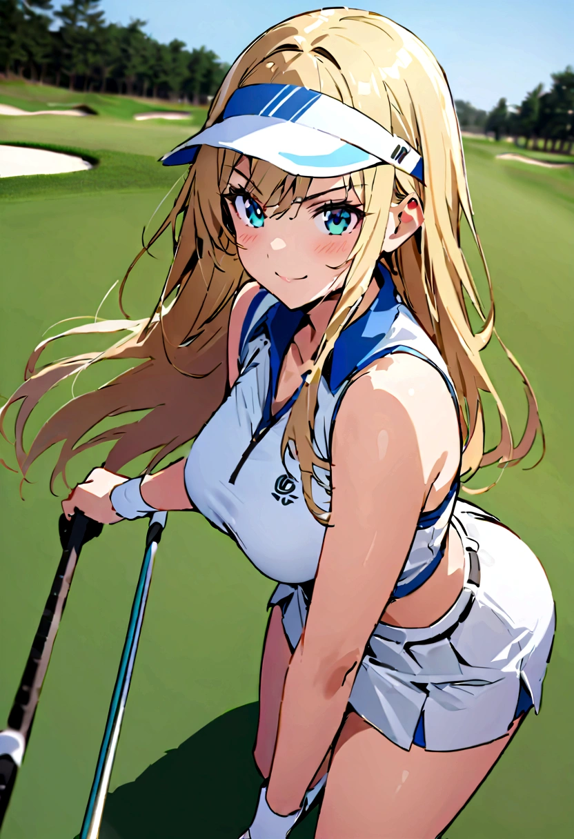 sound　high resolution　8k beauty　Woman playing golf　Golf course　Beautiful woman　Blonde　aggressive　Winning spirit　Namaiki　Golf Wear　mini skirt　smile　　looking at the camera　nice shot　No sleeve　Sun visor　long hair　Professional Golfer