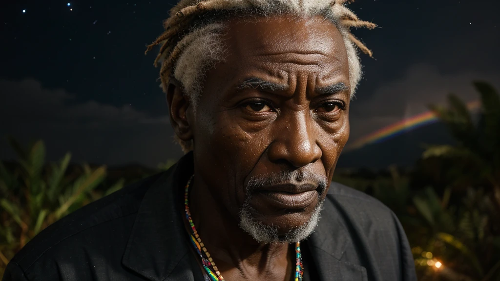 an elderly, african sage under a night sky, his face highlighted with translucent rainbow hues, telling stories of the past and future, intertwining fate with diversity, handsome face, ultra high definition, super detail, fierce, aggressive, authoritative aura, angry face