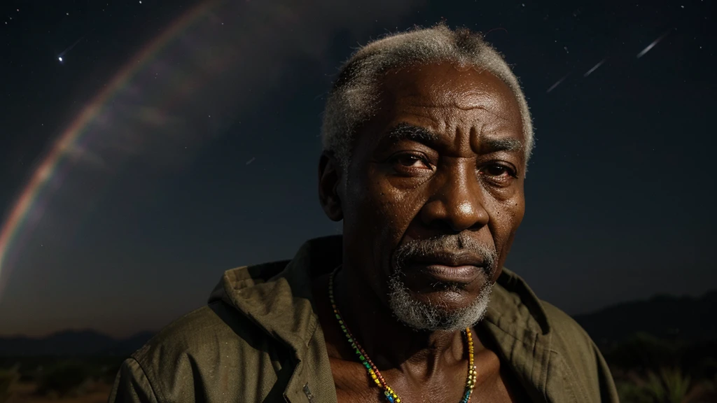 an elderly, african sage under a night sky, his face highlighted with translucent rainbow hues, telling stories of the past and future, intertwining fate with diversity, handsome face, ultra high definition, super detail, fierce, aggressive, authoritative aura, angry face