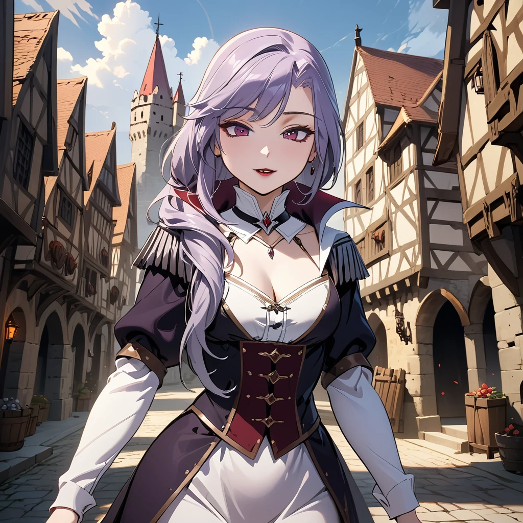 (masterpiece, best quality:1.2), 1girl, solo, Sonata, purple hair, vampire, medieval city background, Sonata
