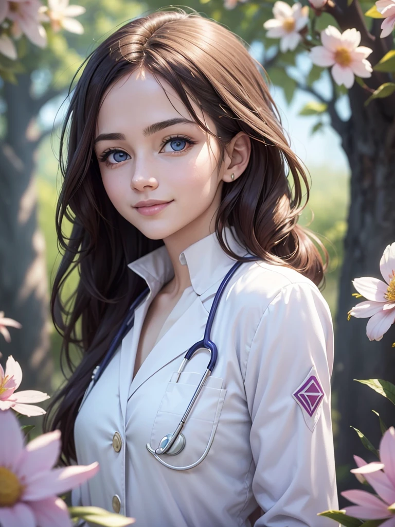 beautiful humanization of medicine, noble young smiling woman in a white medical coat, brown hair, huge light blue eyes full of kindness and happiness, blooming flowers, colors of shadows and light, color scheme, expressive careful detailed drawing, super detailed, delicate natural shades, shine, natural surroundings, beauty, good angle, double exposure, depth, sharpness, captivating haze